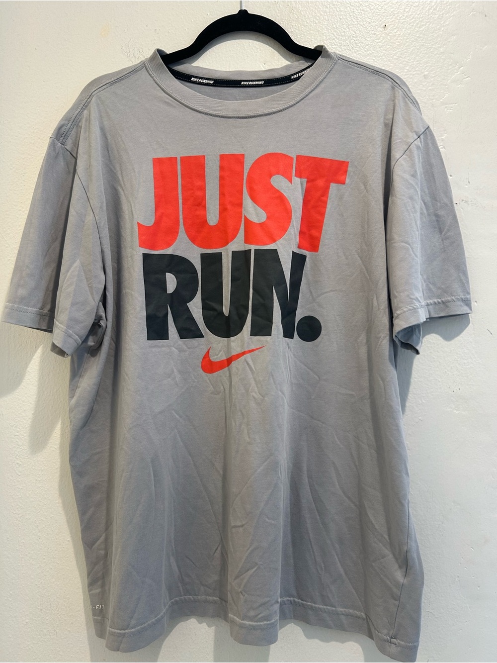 Nike Gray Short-Sleeve Tee with Red and Black "JUST RUN" Graphic